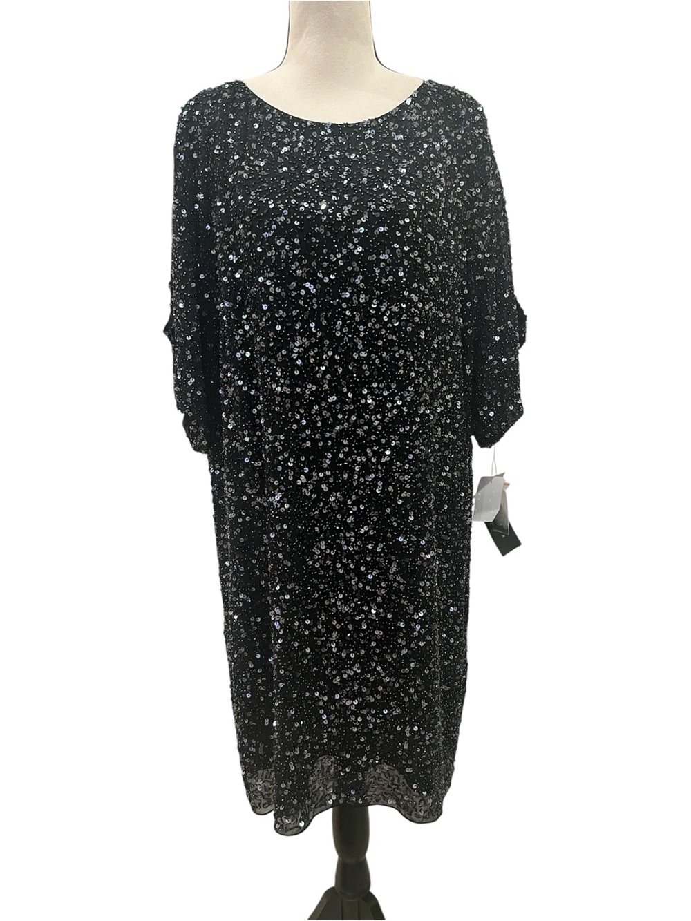 Aidan Mattox Silk Black Sequin Dress Size 14 NWT Open Shoulder Evening Black Tie
